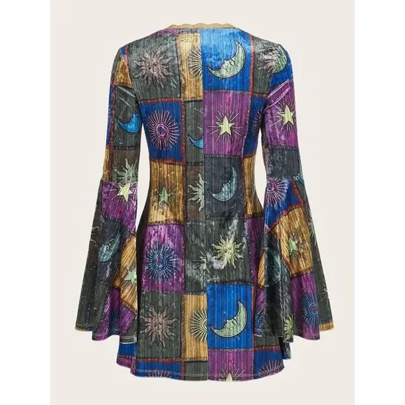 Shein -  Grunge Sun & Moon Print Contrast Lace Flounce Sleeve Dress  Sz XS - Picture 5 of 12